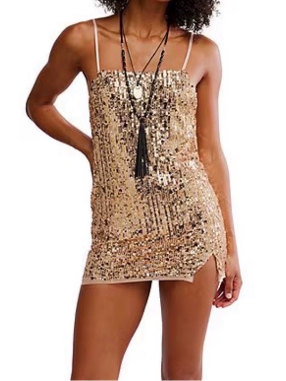 NWT Free People Midnight Kiss Mini Slip Dress in Gold Combo Size Large